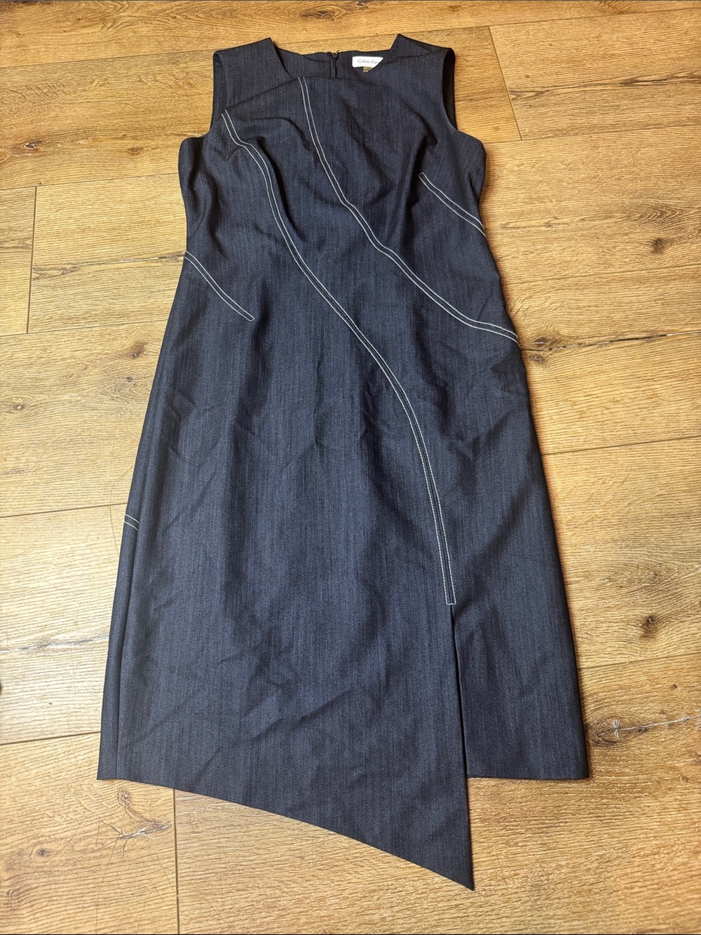 Calvin Klein Sleeveless Asymmetrical Denim Blue Dress with Contrast Stitching